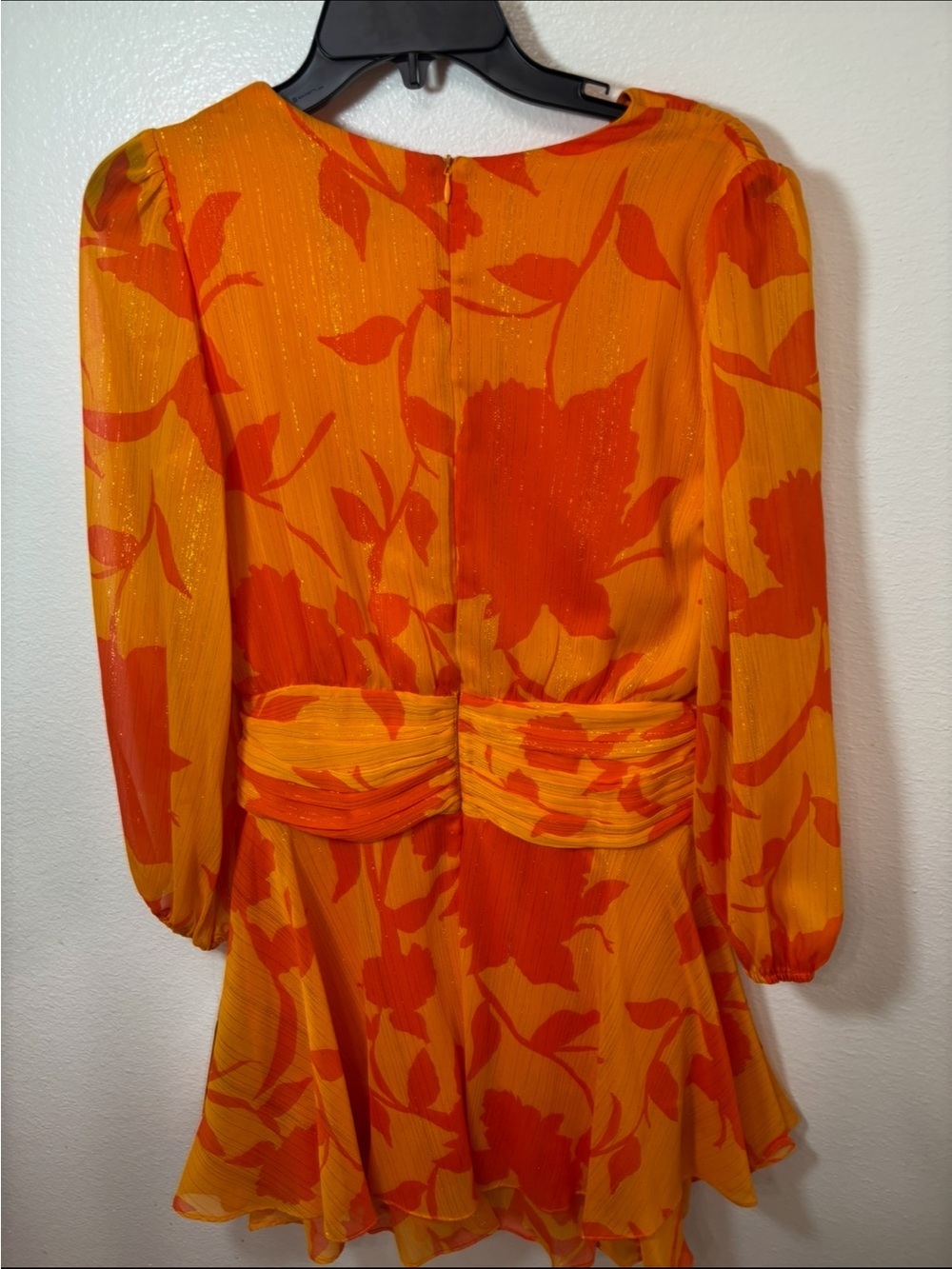 Maison Tara Orange Floral faux Wrap Mini long sleeve Dress - Picture 8 of 9